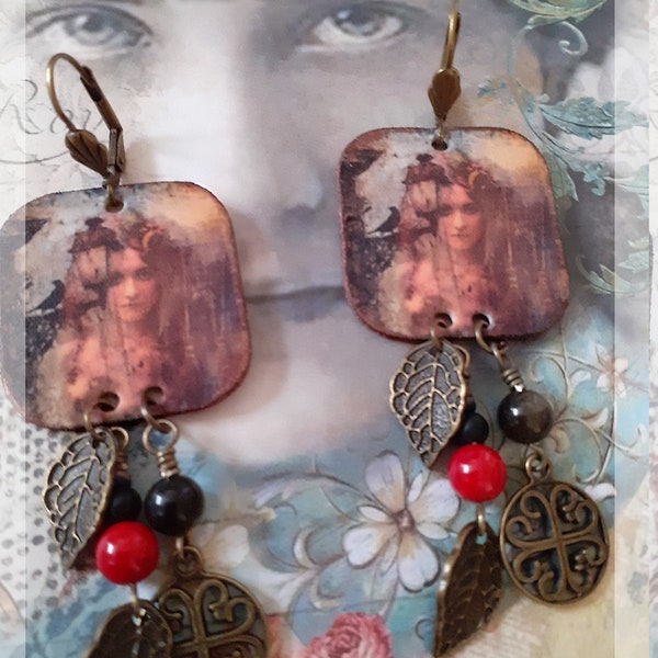 Boucles d'oreille "sorcière tentatrice", wicca, sorcière, pierres, corail, agate, obsidienne, breloques, bijoux originaux, cadeau, femme