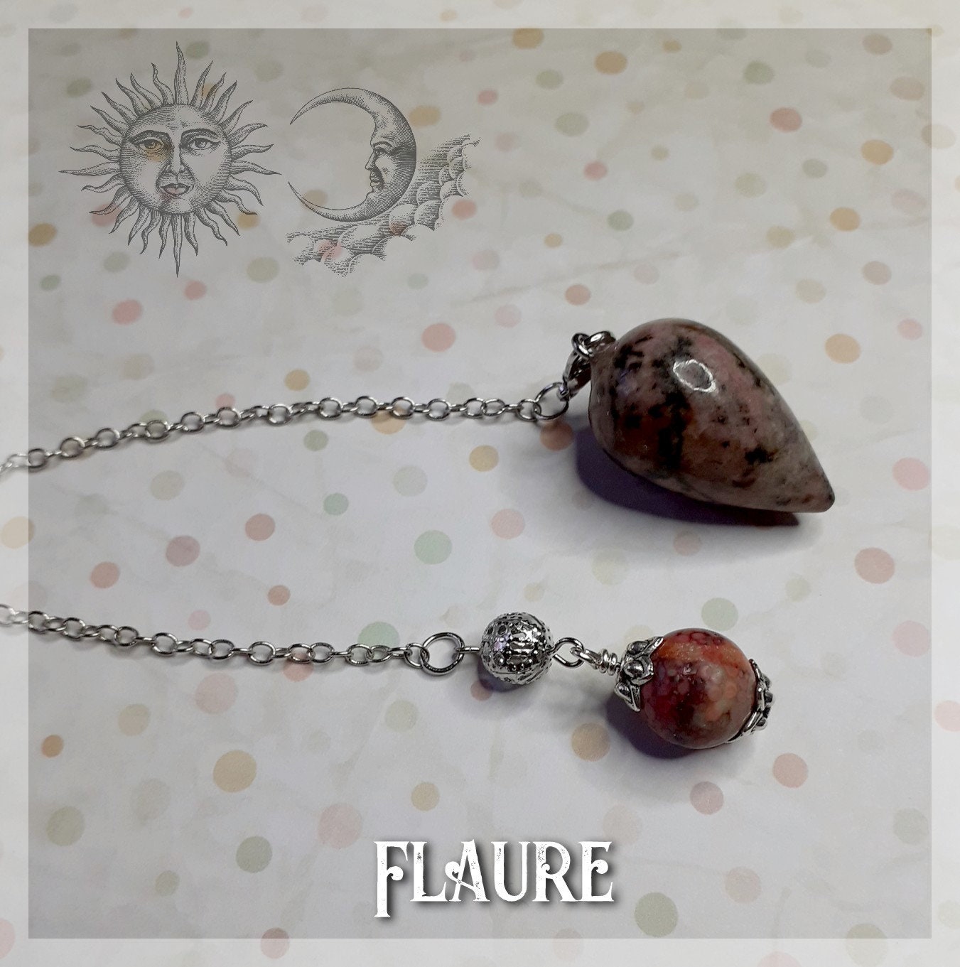 Pendule en Rhodorite et Corail Fossile, Radiesthésie, Magnétisme, Divination, Voyance, Wicca, Ésotér