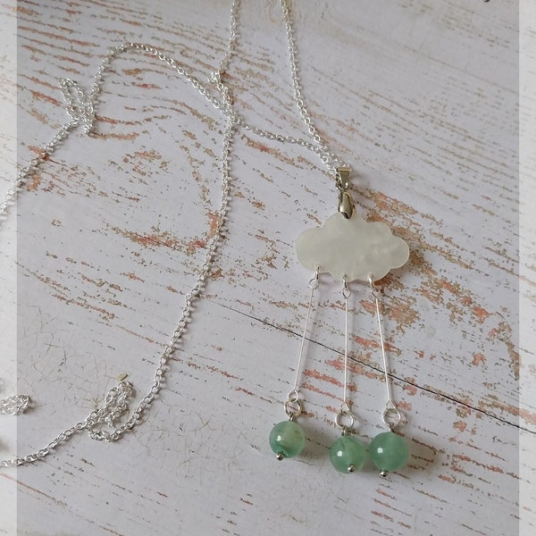 Collier pendentif nuage et aventurine, argent 925, pierre, lithothérapie, reiki, énergies, cadeau, wicca, bijoux ésotériques, bijou original