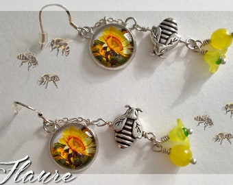 Cabochons earrings "sunflower and bees", bees, jewelry bees, jewelry cabochons, cabochons, jade, sunflower, jewelry gift