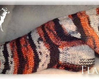 Adult socks in black wool cream orange ..., knit, handmade socks, handmade knit, wool, woolen socks