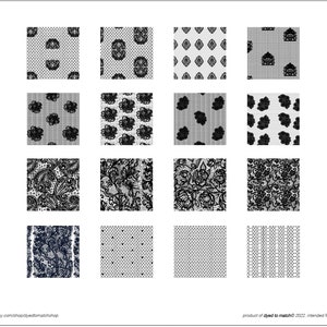 Puede incluir: Una hoja digital de 12 patrones de encaje blanco y negro. Los patrones están dispuestos en una cuadrícula de cuatro filas y tres columnas. Los patrones son todos diferentes e incluyen diseños florales, geométricos y paisley.