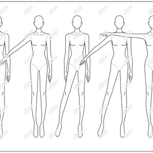 Pode incluir: Cinco modelos de design de moda de uma figura feminina em várias poses. As figuras são delineadas em preto e não têm traços faciais.