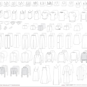 ラインシートやテクニカルパックで使用するための、Adobe Illustrator 用の包括的なレディース フラット CAD 技術図面 (前面と背面の 65 スタイル)