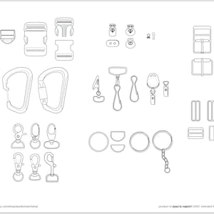 May include: A set of black and white metal hardware for crafting, including buckles, clasps, hooks, rings, and D-rings.