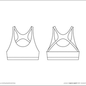 May include: Line drawing of a sports bra with a racerback design and a cutout in the back. The bra has a wide band at the bottom.