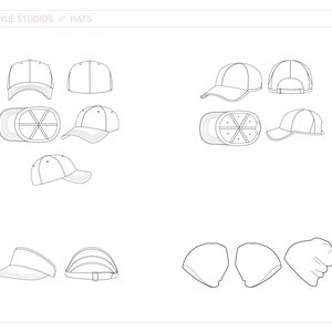 May include: A set of black and white line drawings of different types of hats, including baseball caps, visors, and beanies. The drawings are simple and clean, and they would be perfect for use in a fashion design or illustration project.