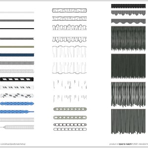 Vector novelty stitch brush library for Adobe Illustrator (20 pack) zippers, fringe, laces, cord, gathers