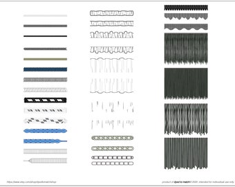 Vector novelty stitch brush library for Adobe Illustrator (20 pack) zippers, fringe, laces, cord, gathers