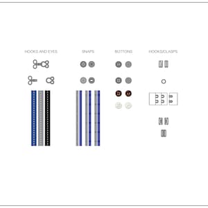 May include: A diagram showing different types of closures for garments, including hooks and eyes, snaps, buttons, and hooks and clasps. The diagram includes illustrations of each type of closure.