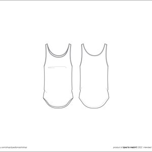 May include: A black and white line drawing of a tank top with a scoop neck and a curved hem. The tank top is shown from the front and back.