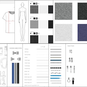 Może przedstawiać: Rysunek techniczny projektu koszulki z różnymi szczegółami, w tym próbki tkanin, rodzaje ściegów i opcje zamków błyskawicznych. Rysunek zawiera widok z przodu koszulki, widok z boku osoby noszącej koszulkę oraz różne rodzaje haczyków i oczek.