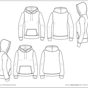 May include: Line drawing of a hooded sweatshirt with a front pocket, shown from multiple angles. The design includes a hood with drawstrings, long sleeves, and ribbed cuffs and hem. The product is intended for individual use only.