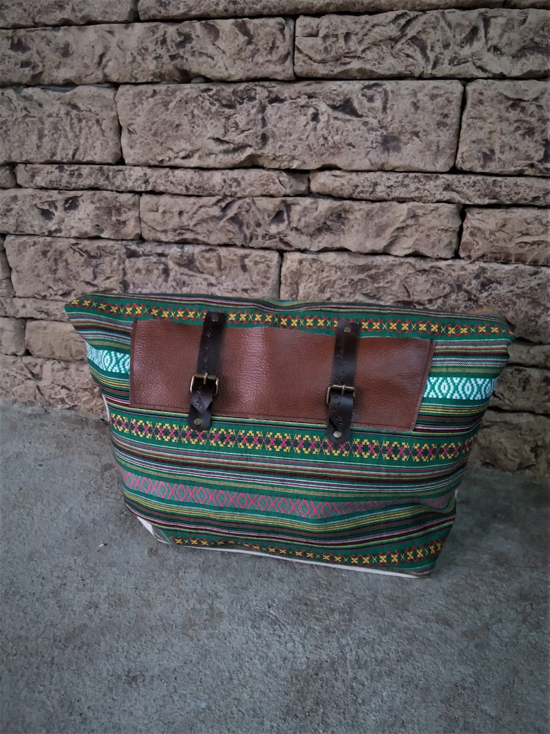 Woman Tote Bag Canvas Leather Handles