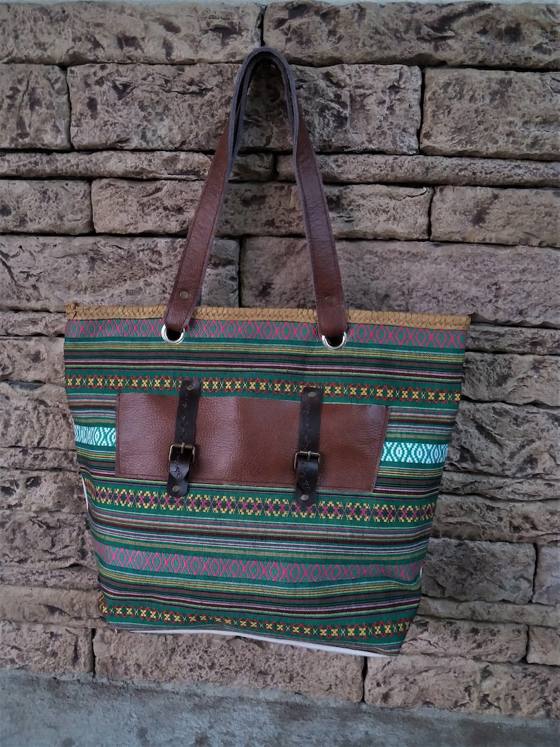 Woman Tote Bag Canvas Leather Handles