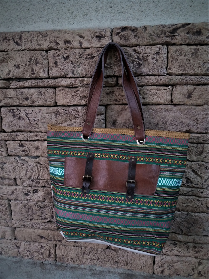 Woman Tote Bag Canvas Leather Handles