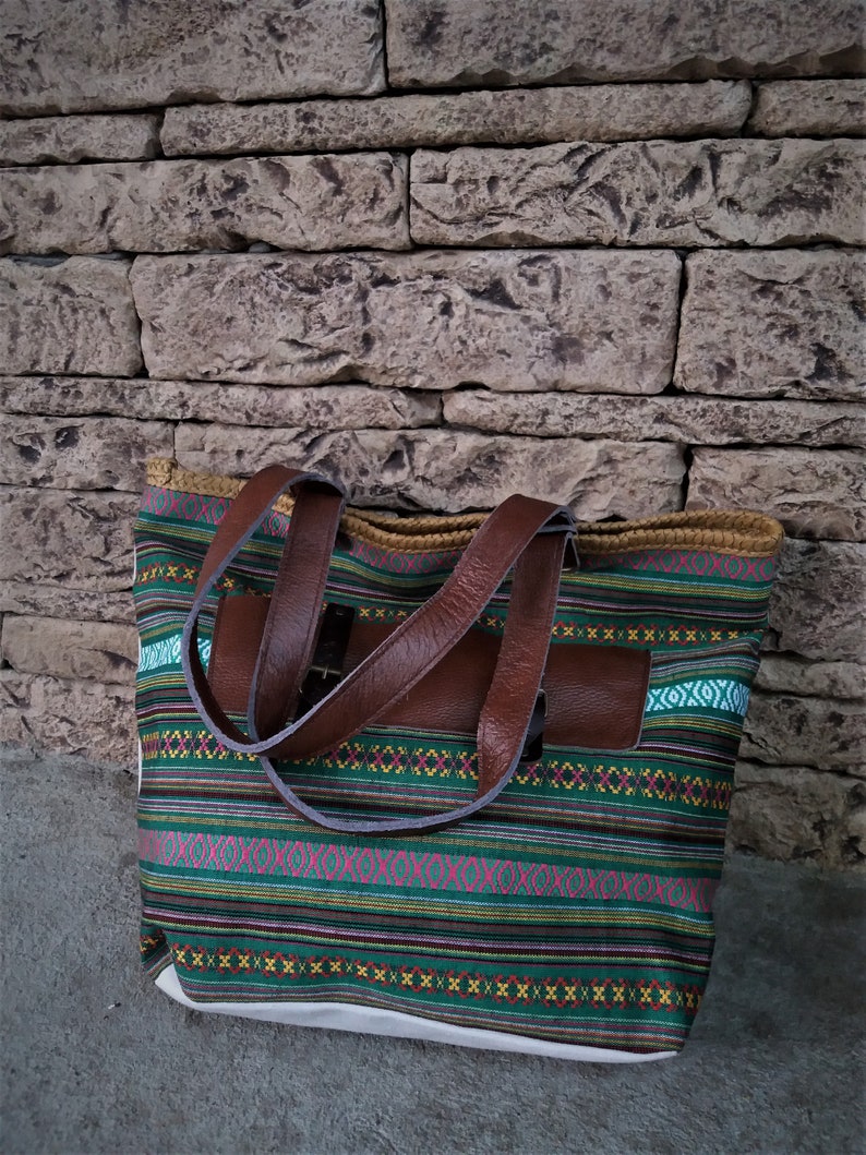 Woman Tote Bag Canvas Leather Handles