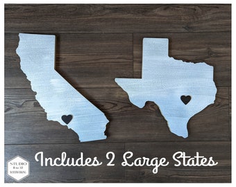 Set of 2! LARGE State Cutouts, Rustic whitewashed with hearts