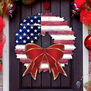 American Flag 4th of July Wreath - Patriotic Rustic Wooden Wall Decor - Door Hanger - Housewarming Gift - 8185302H