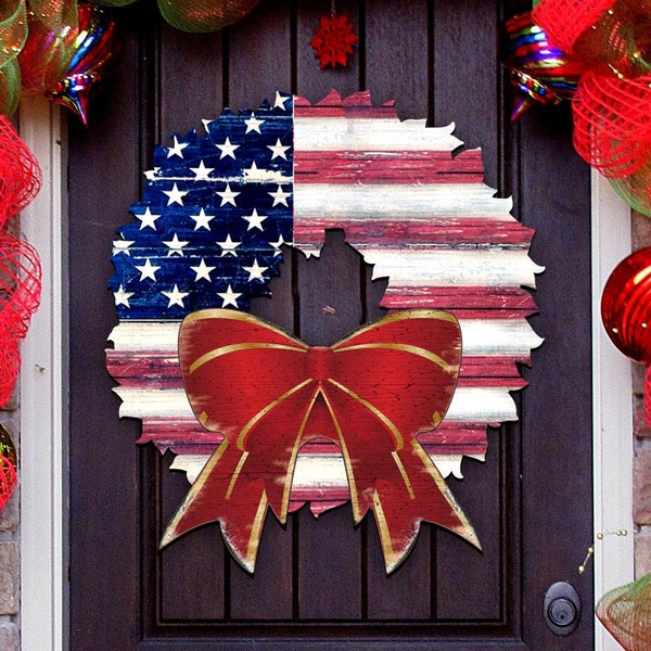 4TH of July AMERICAN FLAG Wreath - Patriotic Decor - Americana Rustic Wooden 20-inch Wall decor - Door Hanger - Housewarming Gift - 8185302H