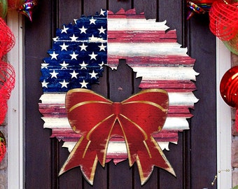 White Wall Decor American Flag Patriotic Wood Door Hanger Front Door, Red Blue Home Decor