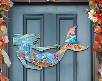 Coastal Wood Decor - Mermaid Wall Hanging - Rustic Ocean Cottage Front Door Sign -  Beach and Lake House Decor - Door Hanger - 81985142