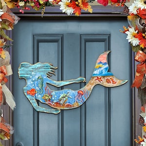 Coastal Wood Decor - Mermaid Wall Hanging - Rustic Ocean Cottage Front Door Sign -  Beach and Lake House Decor - Door Hanger - 81985142