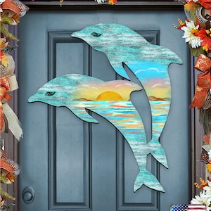 Outdoor Decor Coastal Decor Beach Dolphins Beach Sunrise Scenic Waves Coastal Rustic Wooden Door Hanger - Ocean Decor 8198519H