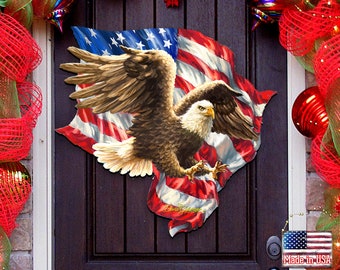 Patriotic Flag Décor - 4th of July Wall Sign - American Liberty Eagle Door Hanger Art by Dona Gelsinger - Veterans Gift - 8461052H-1432