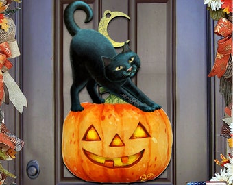May include: A black cat perched on top of a carved wooden jack-o'-lantern with a crescent moon behind it. The jack-o'-lantern has a toothy grin and glowing eyes. The cat is looking to the right.
