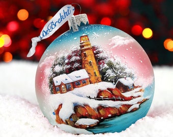 Holiday ornaments -Christmas Ornaments | Lighthouse Scenic Glass Ornament; Handcrafted Christmas Tree Decoration (73131)