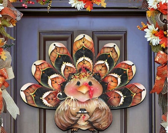 SALE! FAST SHIPPING!! Fall Wood Decor - Thanksgiving Design - Turkey Wreath Door Hanger art by Jamie Mills Price - Wall decor - 8457702H