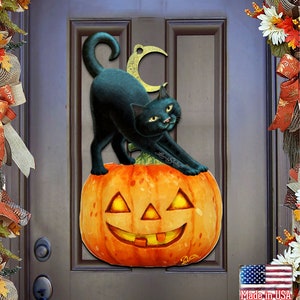 Halloween Porch Door Decor | Jack O Lantern And Black Cat Door Hanger | Scary Holidays Decor | Welcome Fall decor 8512054-2H