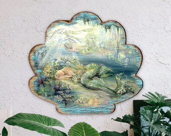 Mermaid Dreams of Atlantis Indoor Art by Josephine Wall - Beach Home Design - Wooden Office Decor - 8472102-JW