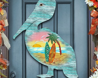 Pelican Coastal Decor | Beach Cottage Decor | Lake house Porch Art | Surfers Gifts | Pelican Wooden Door Hanger 8198543H