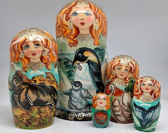 Penguin Coastal Wooden Nested Dolls Set - 5 Nest Original Matryoshka Stacking Dolls Set - 1300811