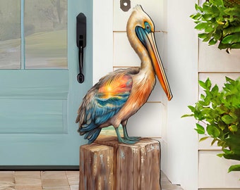 Coastal Pelican Outdoor Indoor Décor Wooden Decoration - Coastal Holiday Décor Welcome Sign Handcrafted in the USA 8652801F by GDebrekht