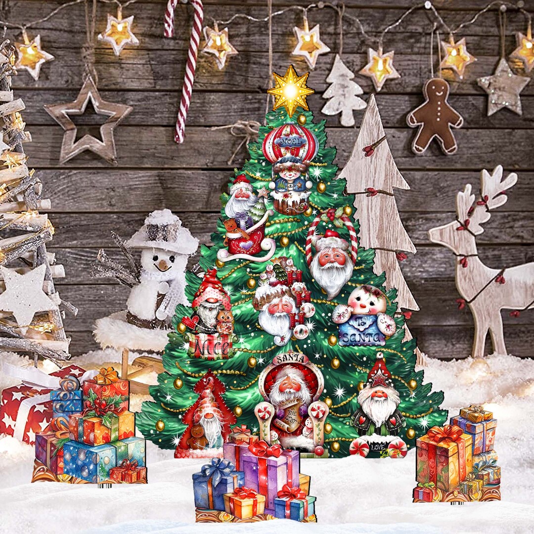 Santa Tree Christmas Outdoor Santa Tree Set of 4 - Garden Yard Décor, Lawn Scene ...