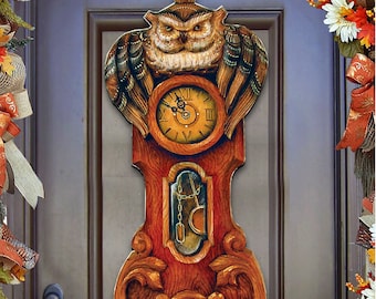 Holiday Wood Decor - Owl Clock Door Hanger by G. DeBrekht - Halloween Wall Sign - Fall Log Cabin Decor - Housewarming Gift - 8153311H