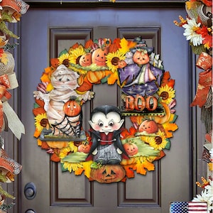 Vampire Halloween Wreath Art by Jamie Mills-Price - Floral Wreath Wooden Door Hanger - Spooky Outdoor Fall Art - Porch Decor 8185316H