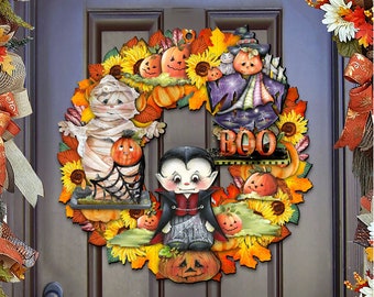 Halloween Wood Decor - Vampire Wreath Art by Jamie Mills-Price - Floral Wreath Door Hanger - Spooky Outdoor Fall Art - Porch Decor 8185316H