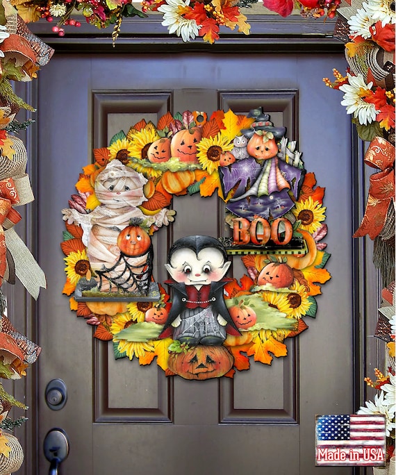 Vampire Halloween Wreath Art by Jamie Mills-Price - Floral Wreath Wooden Door Hanger - Spooky Outdoor Fall Art - Porch Decor 8185316H