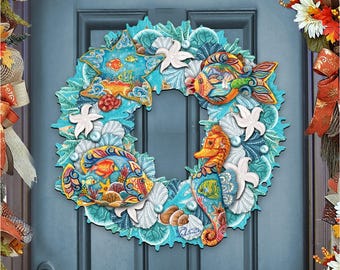 Coastal Wreath - Sea Creature Wooden Door Hanger, Beach House Decor - 8185306-3H