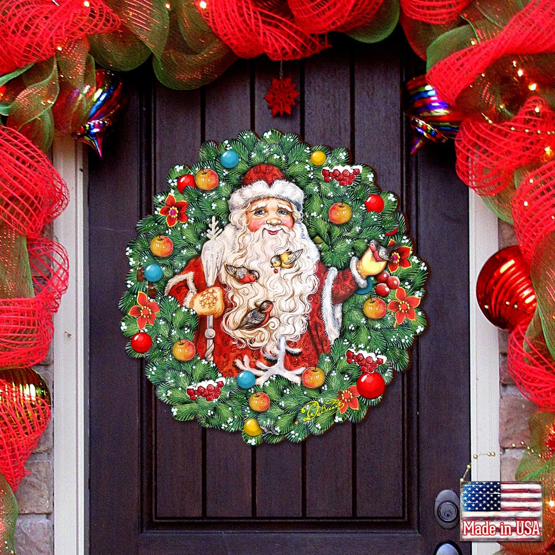 Outdoor Christmas Decorations Santa Wreath With Birds Wooden Door