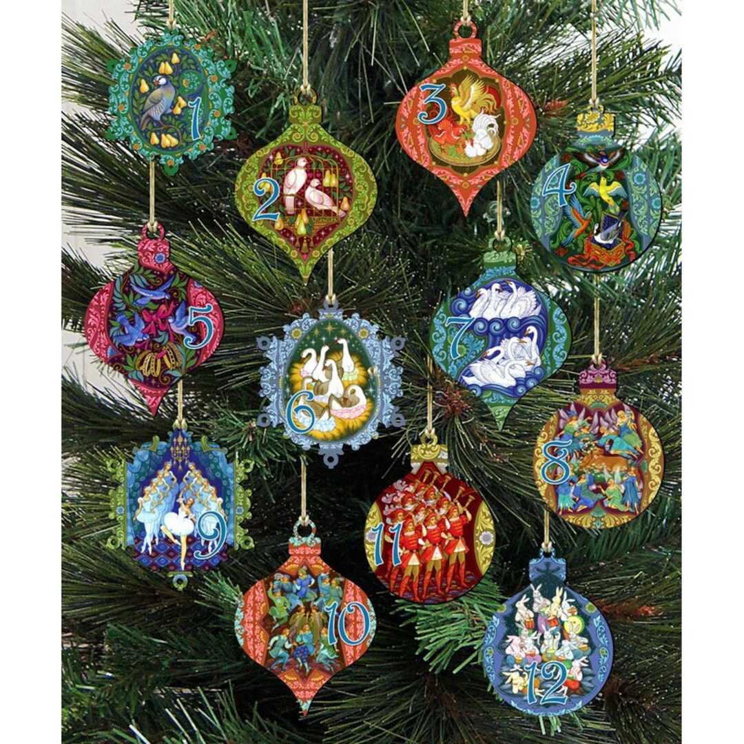 12 Days Of Christmas Raw Wood Ornament Set - 2.5 Inch Tall - Unfinished Wood Slice Decor