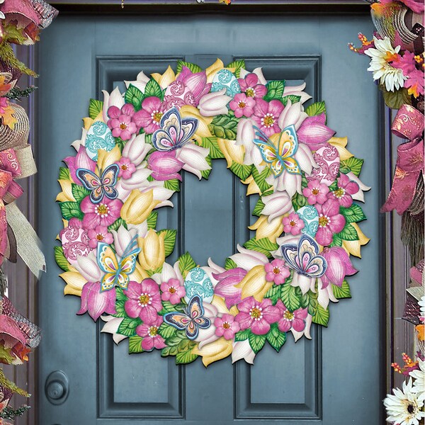 Outdoor Easter Decor Spring Wreath - Front door Wreath with Butterflies - Wooden Door Hanger 8185301H