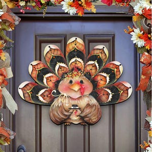 Handcrafted Thanksgiving Turkey Door Hanger: Autumn Wood Decor by J. Mills -Price - 8457702H