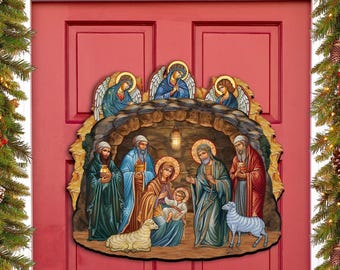 Orthodox Nativity Scene Holiday Door Hanger Wall Decor for Home Garden Outdoor and Indoor Porch Christmas Wooden Decor 8652762H by GDebrekht