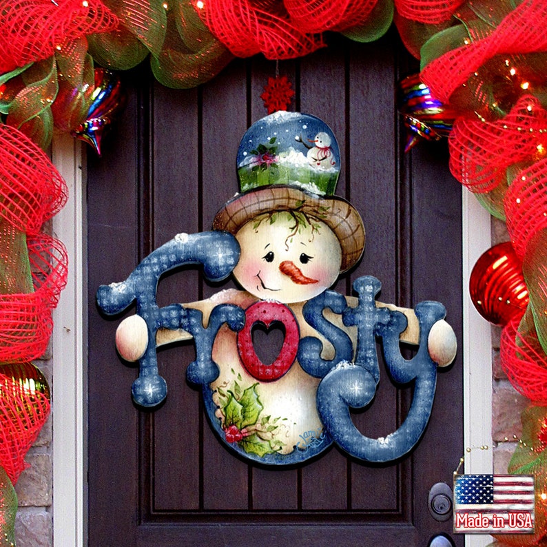 Holiday Decoration - Outdoor Christmas Decorations - Christmas decor “Frosty” Snowman Wooden Door Hanger by Jamie Mills Price  8457505H 