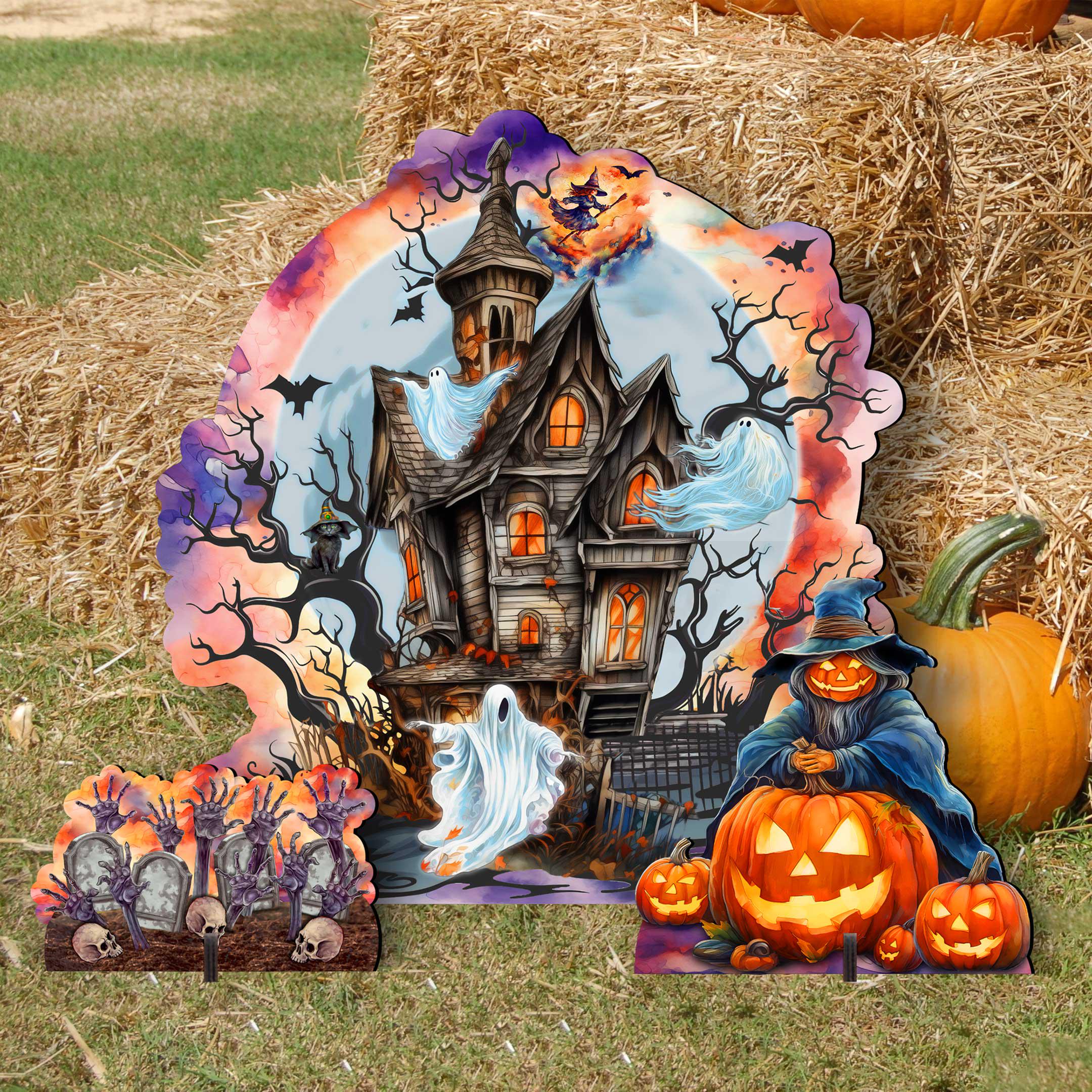 Halloween Haunted House Set of 3 Outdoor Yard Decor - Wooden